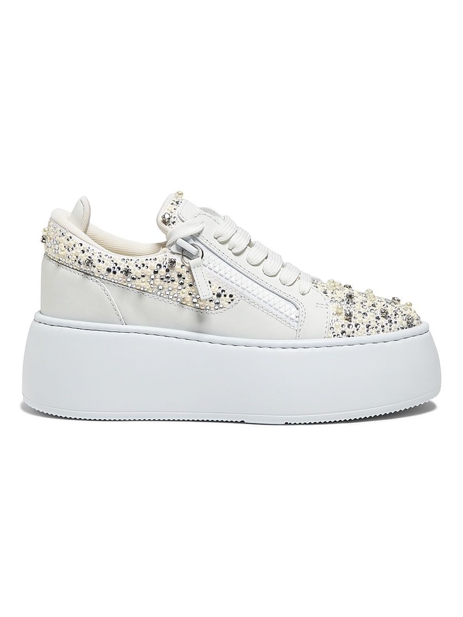 Women's Embellished Leather Platform Sneakers - Bianco - Size 9