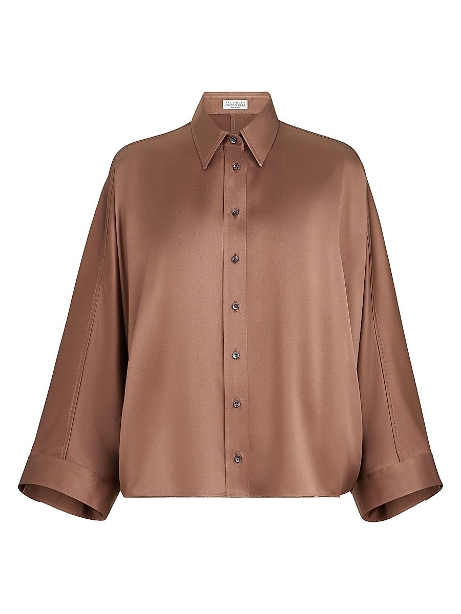 Women's Stretch Silk Satin Shirt with Monili - Brown - Size Medium