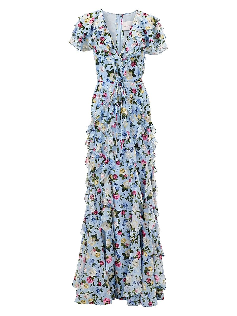 Women's Cabana Ruffled V-Neck Short-Sleeve Maxi Dress - Cloudy Blue Multi - Size 16