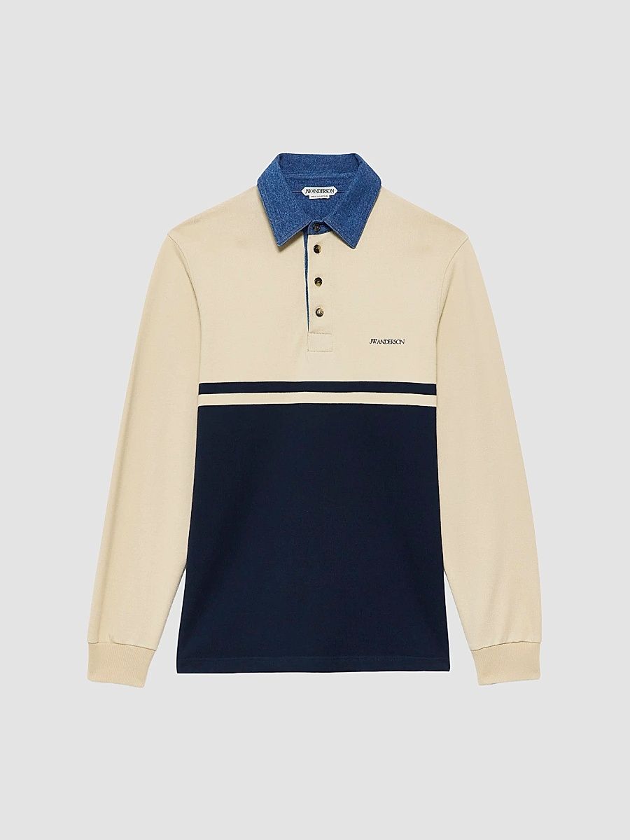 JW Anderson Women's Contrast-Collar Long-Sleeve Polo Shirt - Off White Navy - Size XL