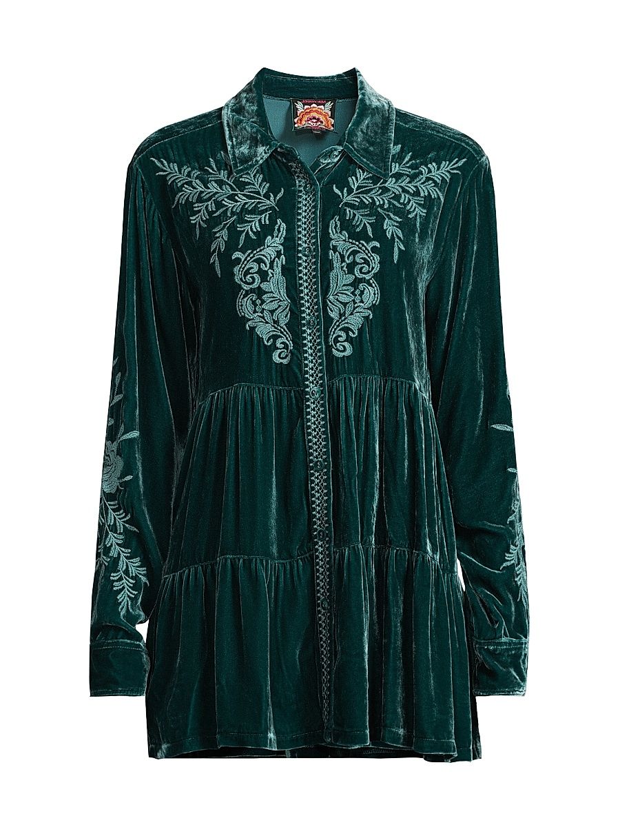 Women's Lenon Embroidered Velvet Tiered Tunic - Deep Teal - Size XL