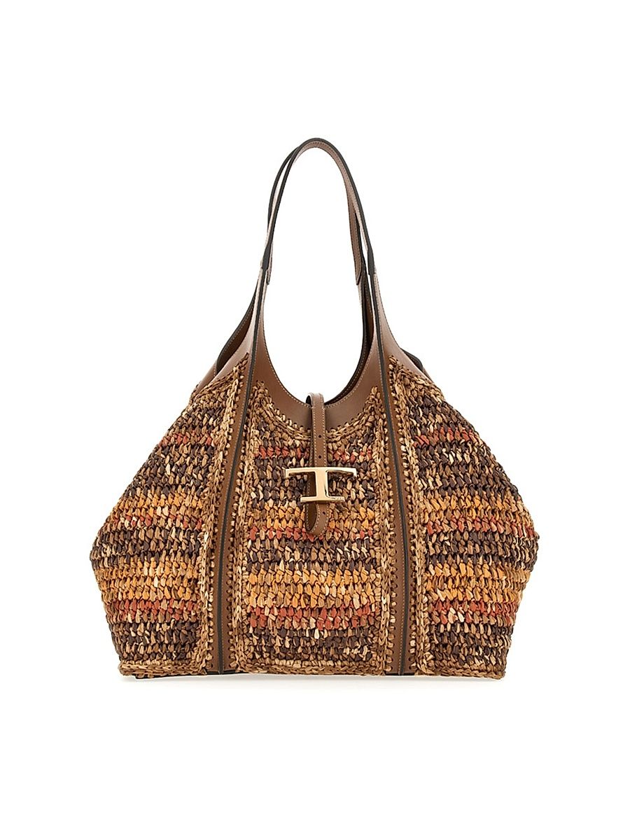 Women's T Timeless Medium Raffia & Leather Tote Bag - Beige