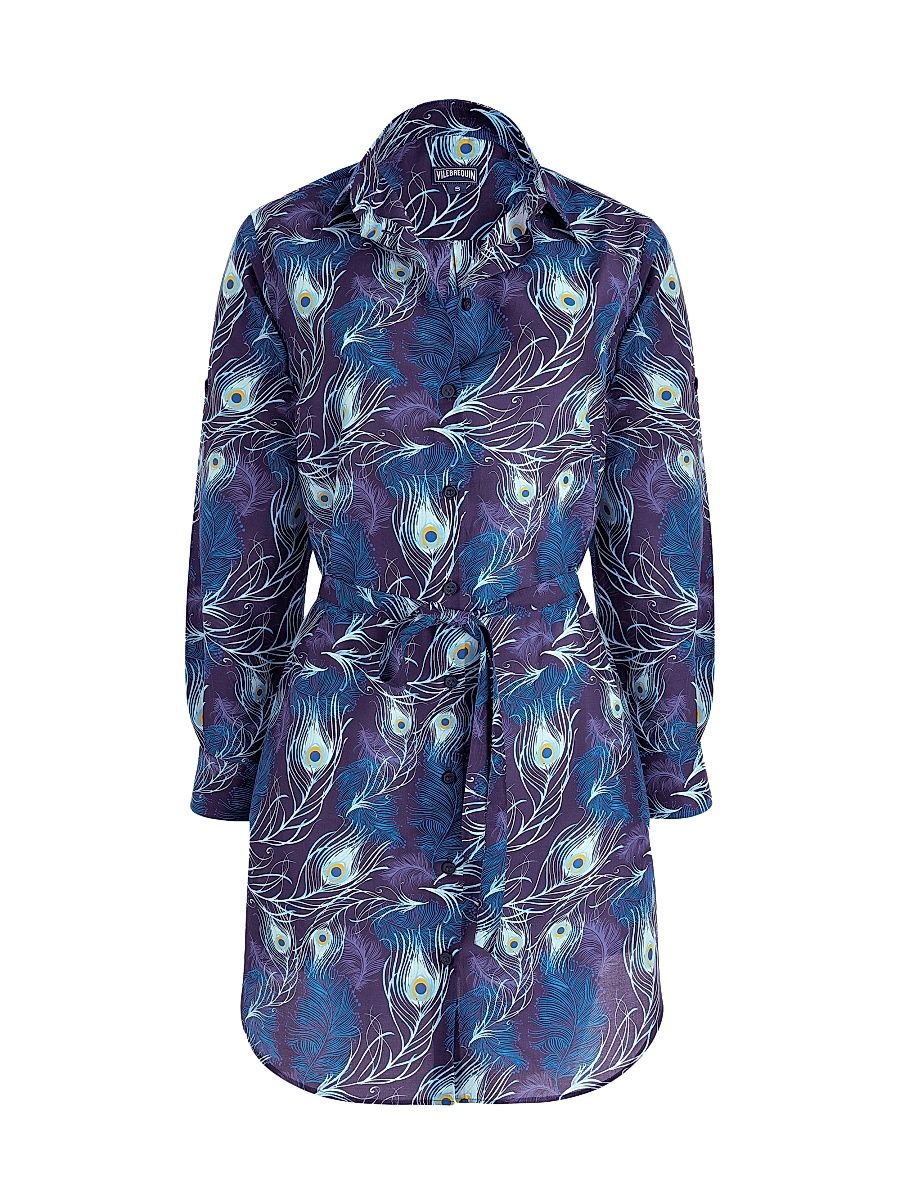 Women's Eye Of The Wind Feather-Print Cotton-Silk Mini-Shirtdress - Blue - Size Large