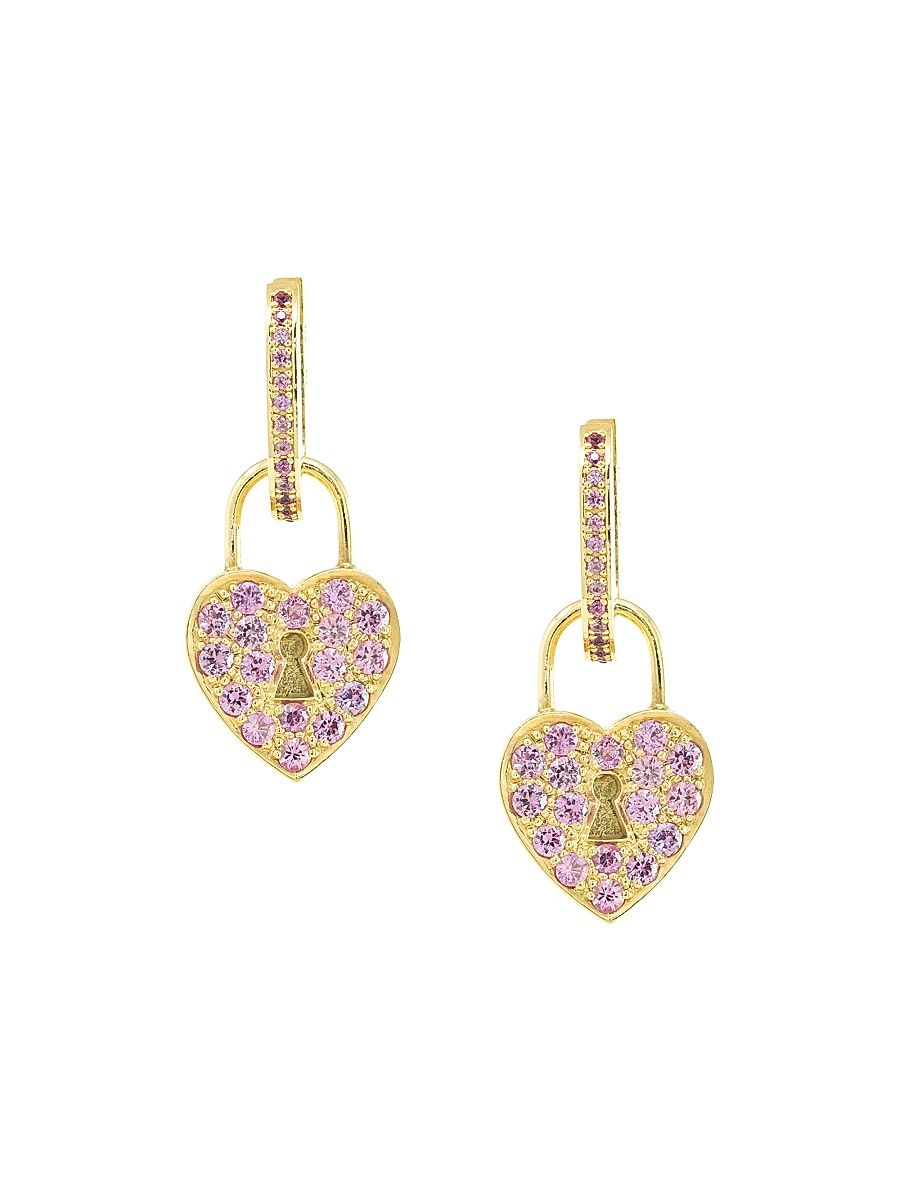 Women's Heart Lock 18K Yellow Gold & Pink Sapphire Drop Earrings - Pink