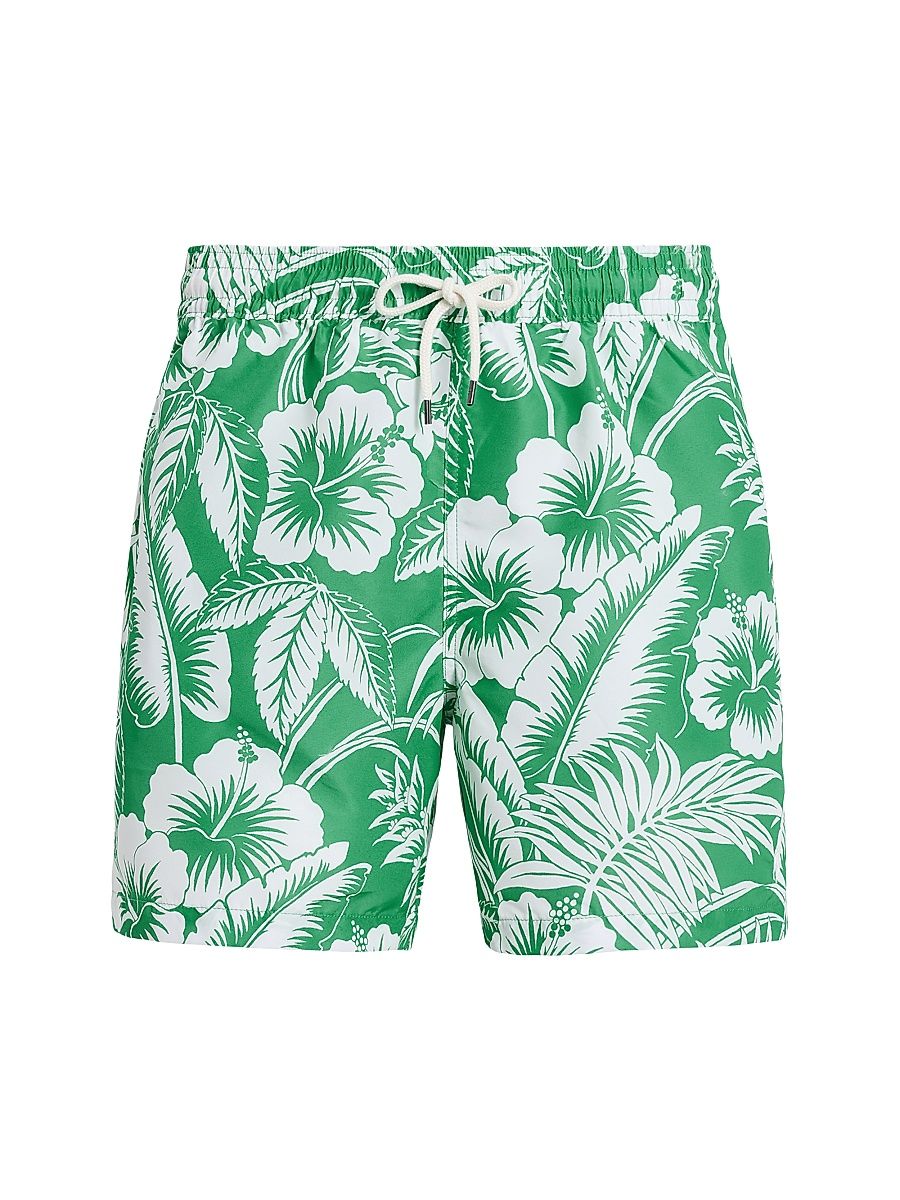 Men's Hibiscus Print Swim Trunks - Green Sweet Heart Floral - Size XL