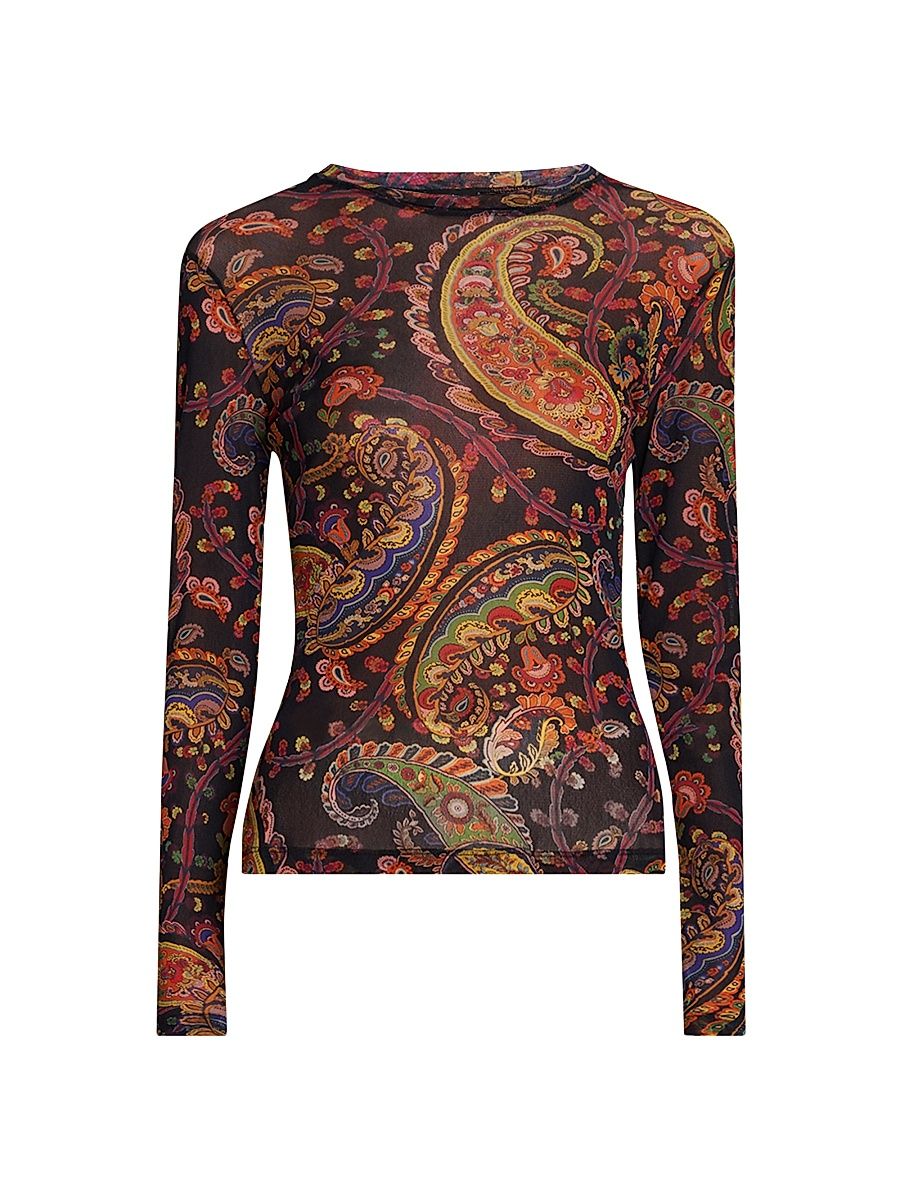 Women's Paisley Slim-Fit Long-Sleeve Top - Printed Blue Base - Size 8