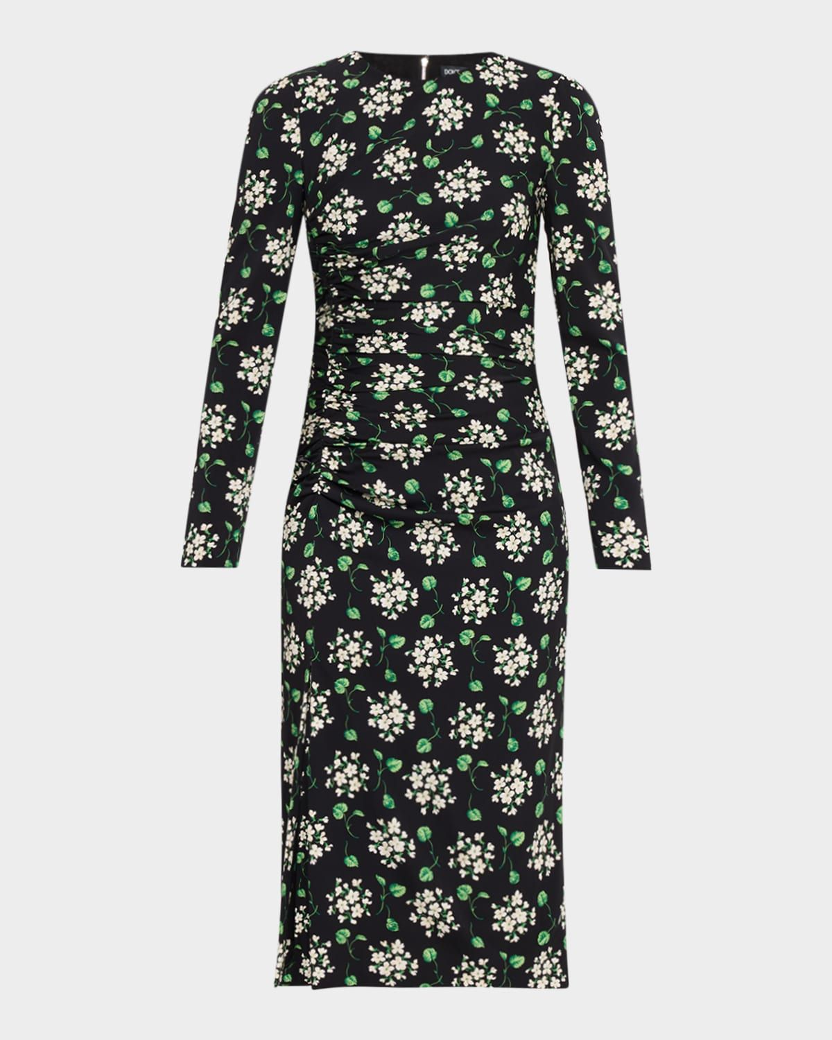 Floral Silk Long-Sleeve Ruched Midi Dress