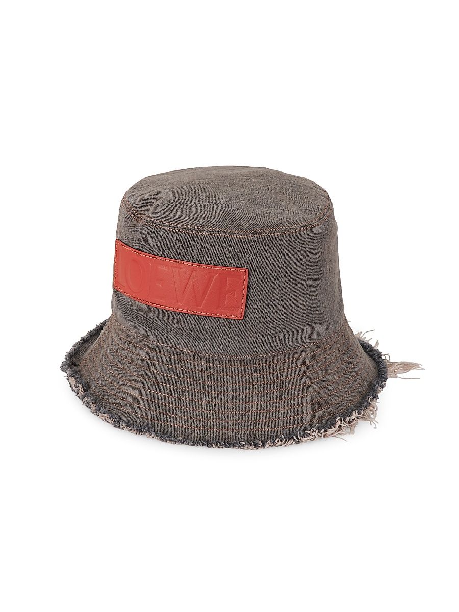 Women's Logo Frayed Denim Bucket Hat - Brown - Size Large