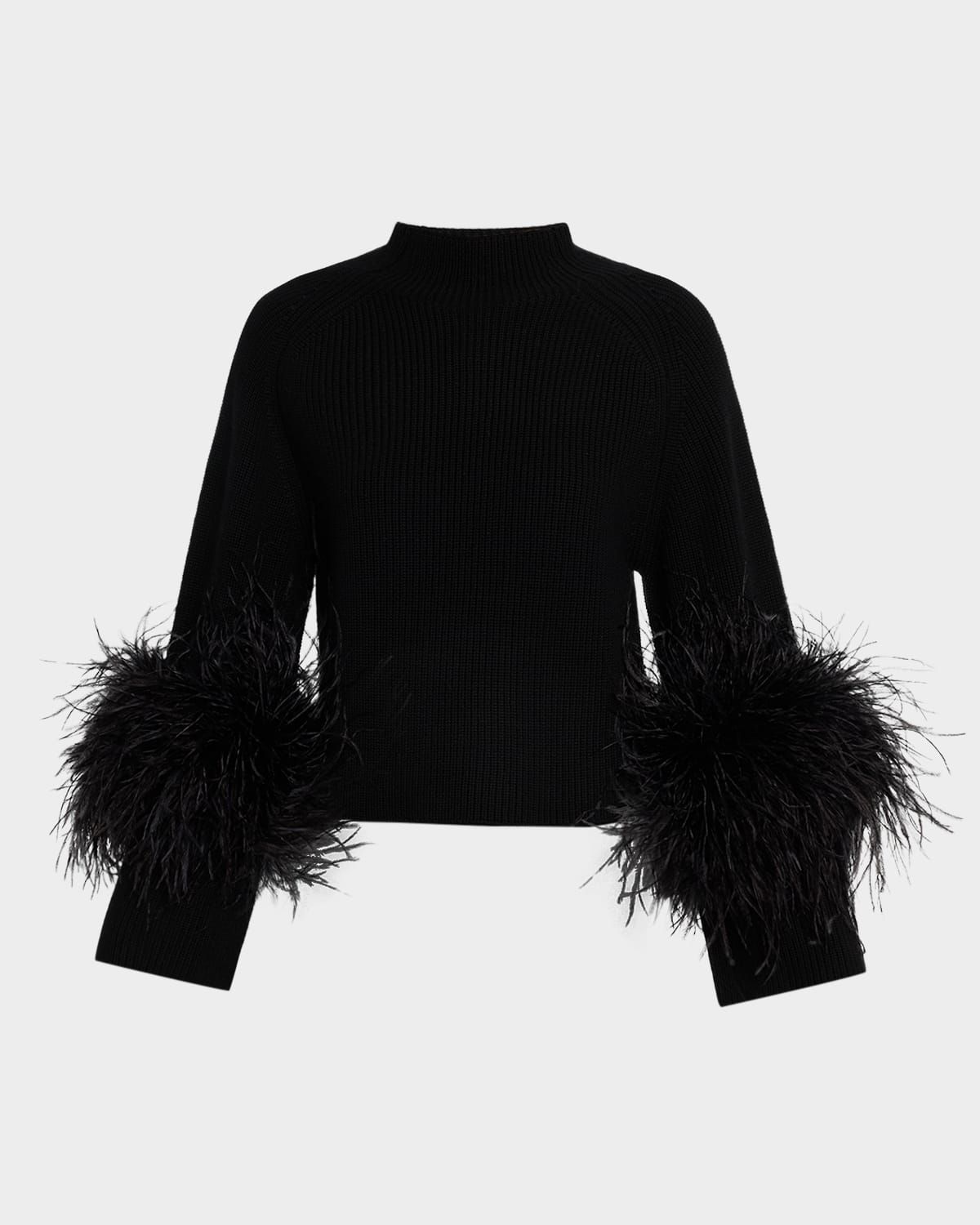 Mock-Neck Merino Rib Sweater With Feathers