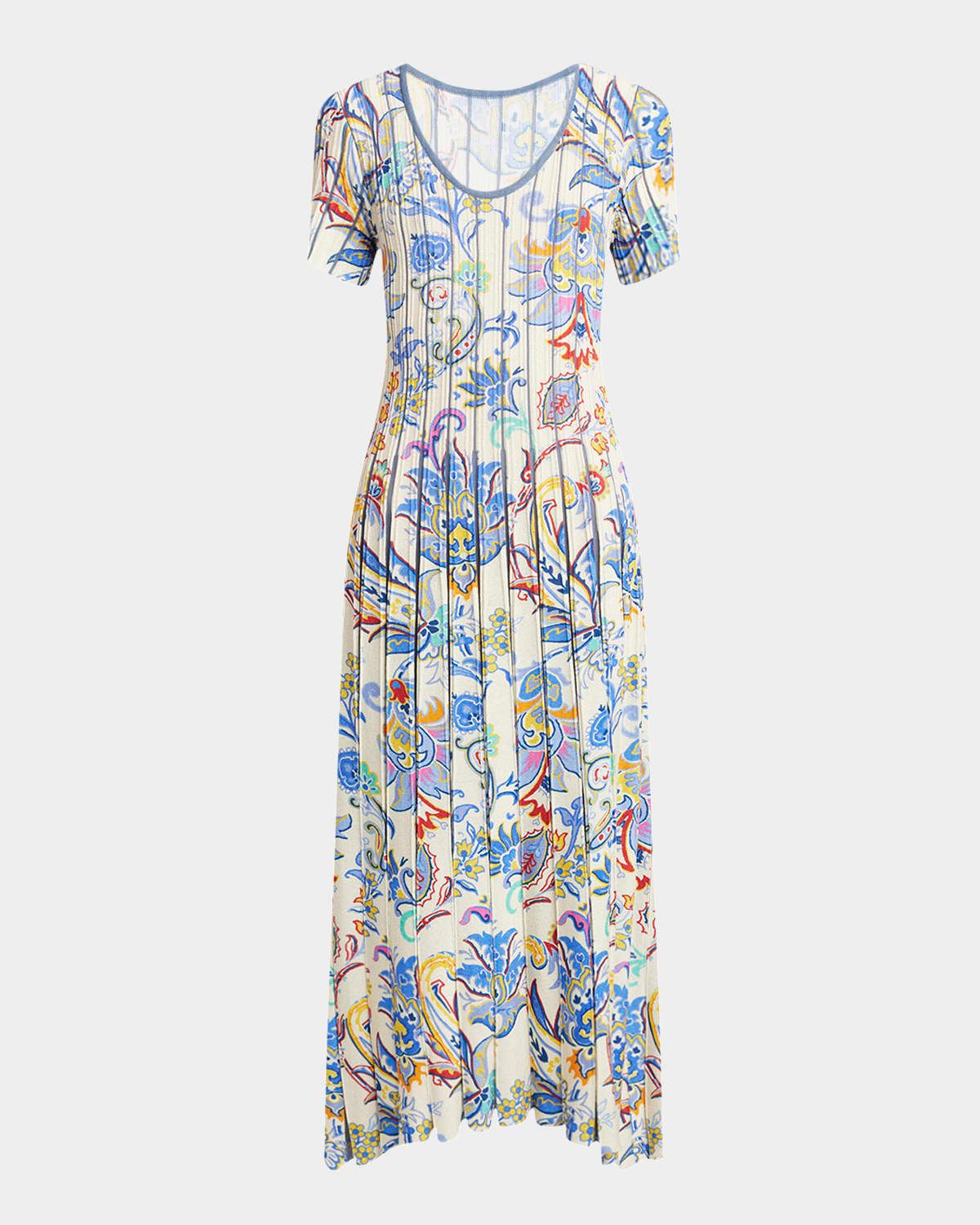 Blue Bouquet Pleated Knit Midi Sweater Dress