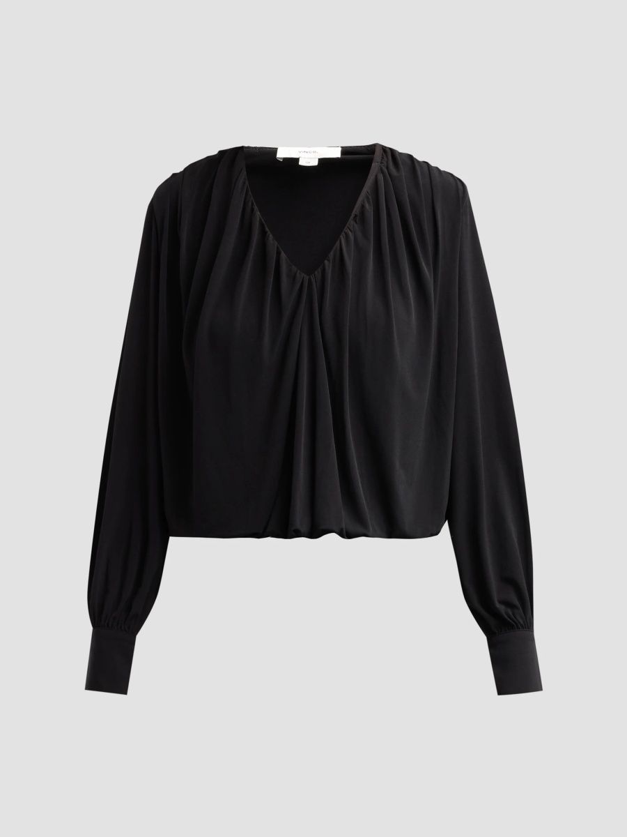 Vince Women's V-Neck Bubble-Hem Long-Sleeve Top - Black - Size XXS