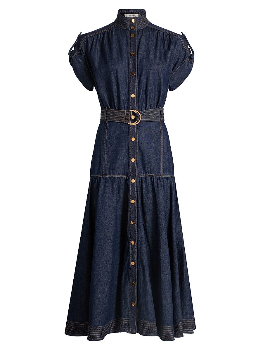 Women's Denim Belted Puff Sleeve Midi-Dress - Harbour Blue - Size 10