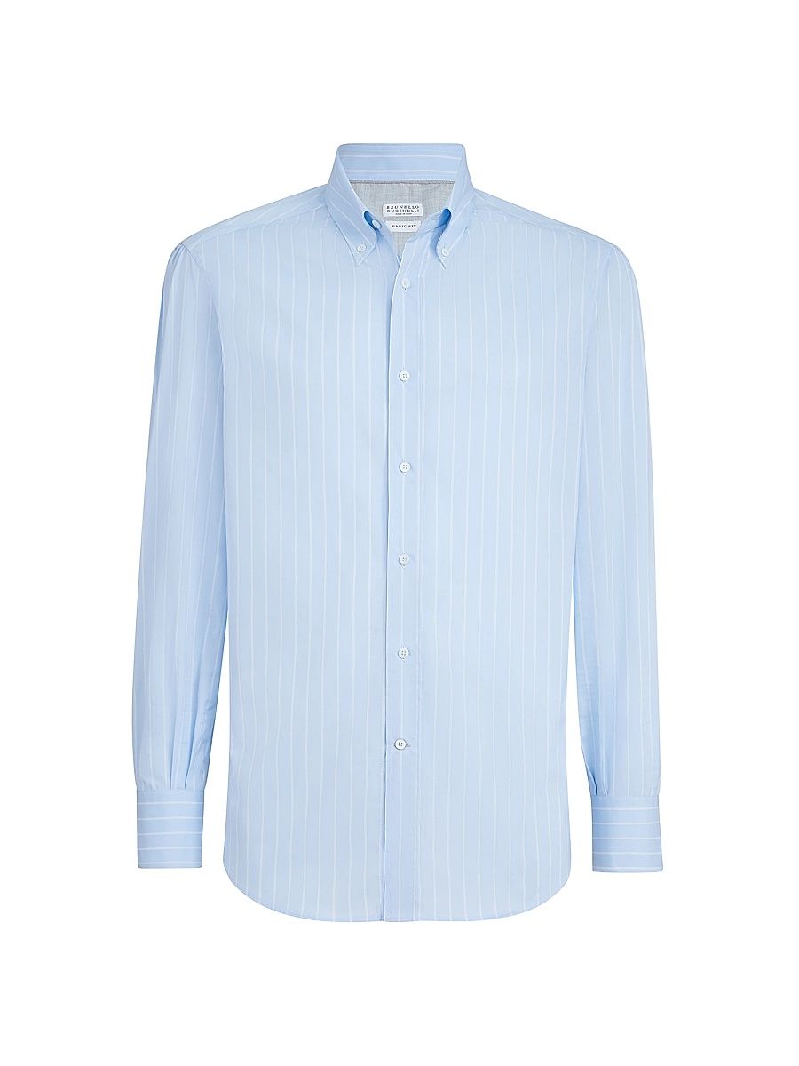 Men's Striped Poplin Basic Fit Shirt with Button Down Collar - Azure - Size XXS