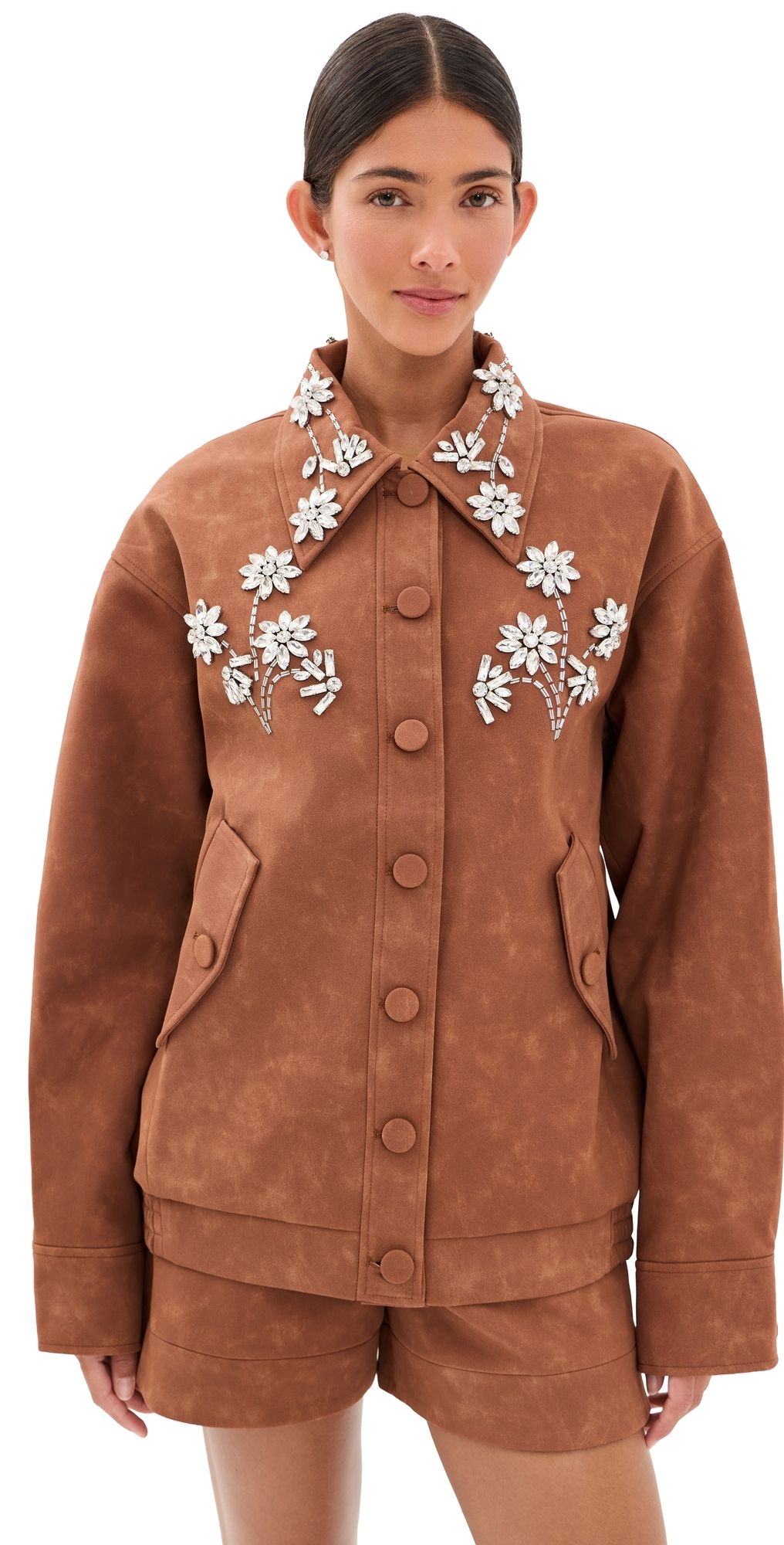 Leo Lin Astrid Embellished Vegan Suede Jacket Chestnut L