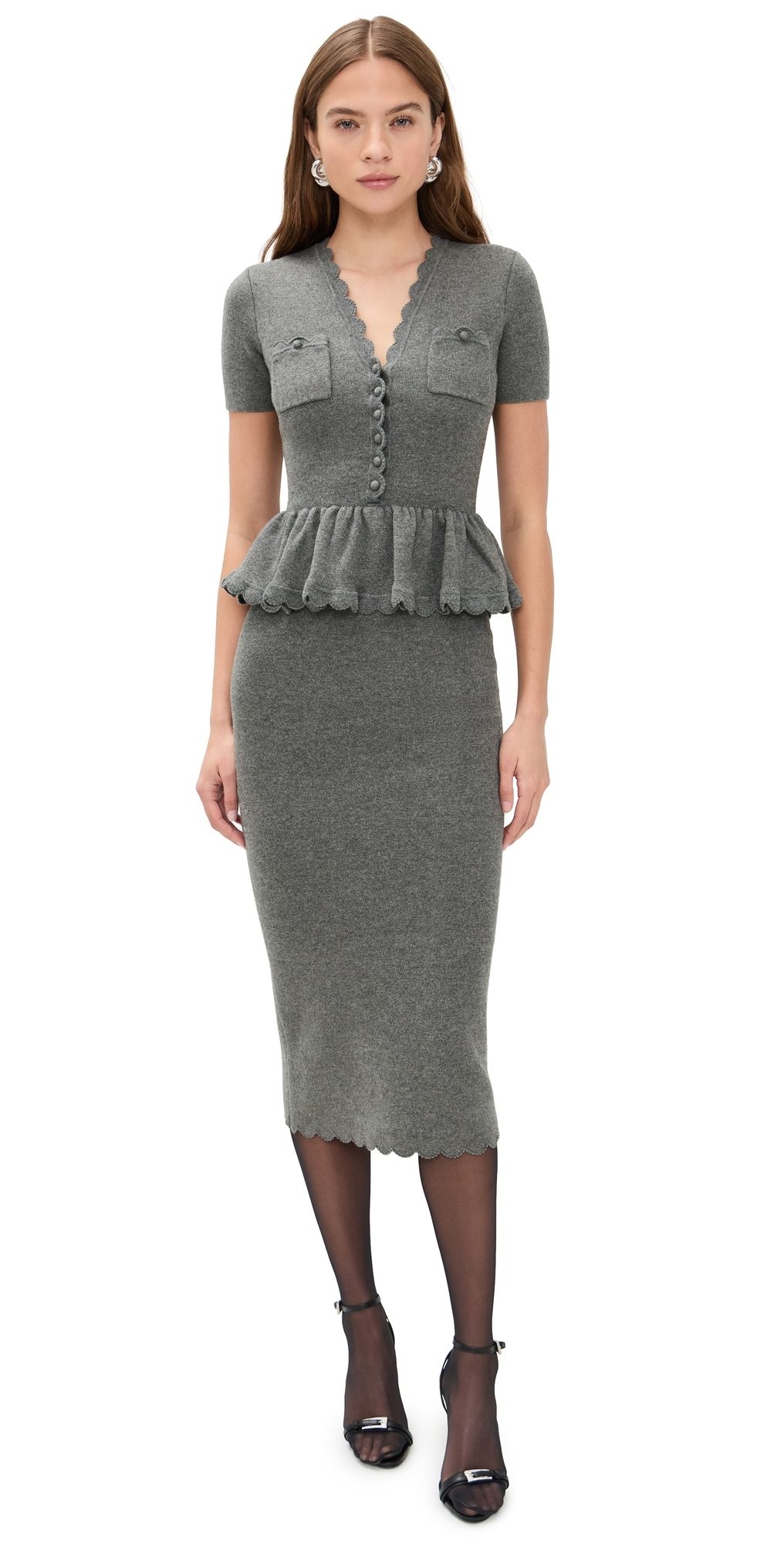 Self Portrait Peplum Knit Midi Dress Grey XS