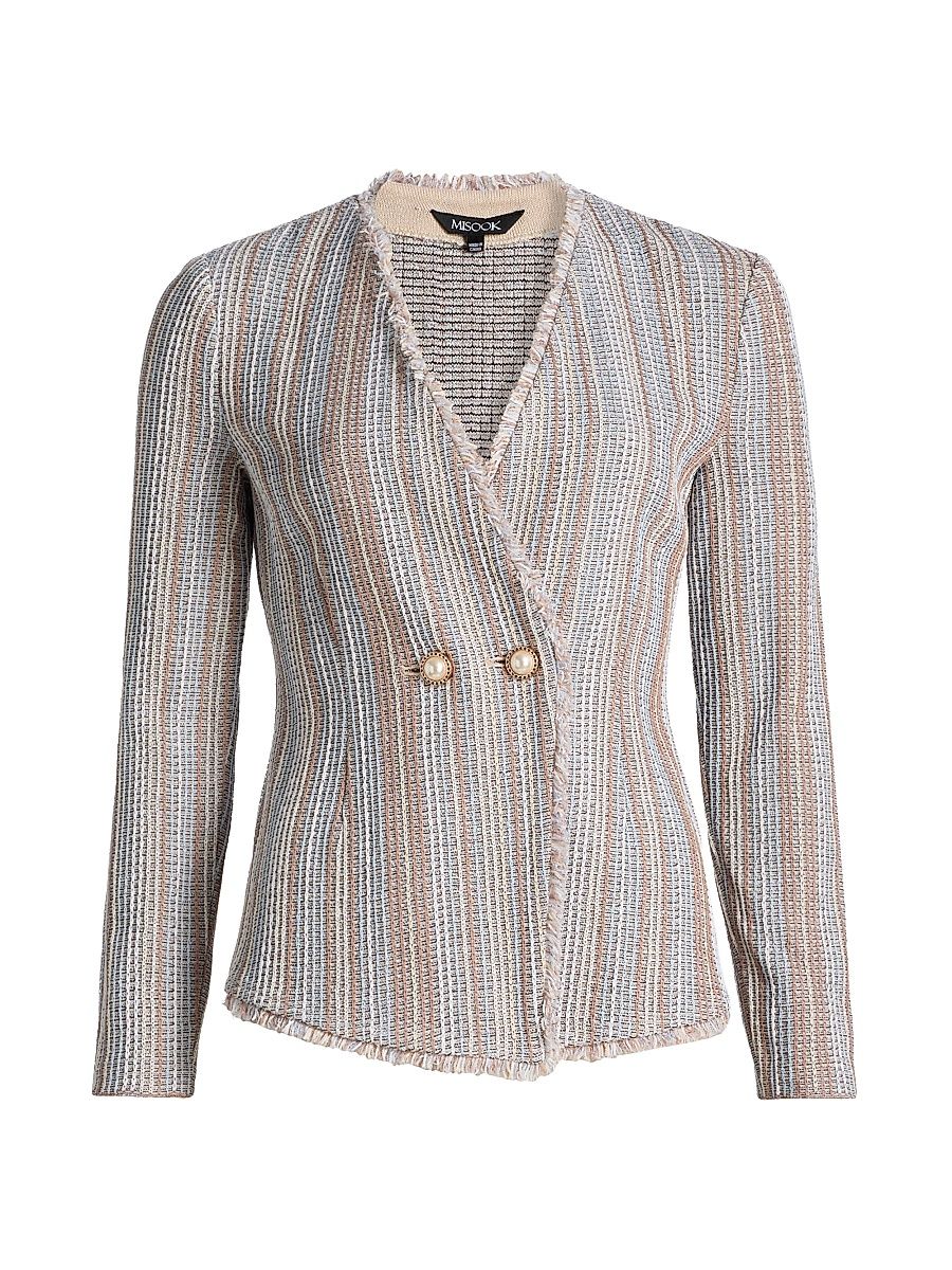 Women's Fringe-Trim Knit Jacket - Biscotti Blue White Black - Size XXL