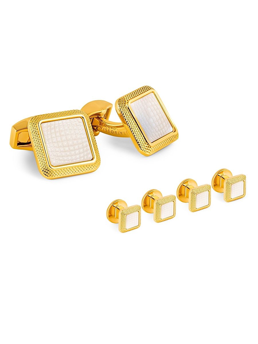 Men's 3-Piece Goldtone & Mother Of Pearl Cufflinks & Studs Set - White