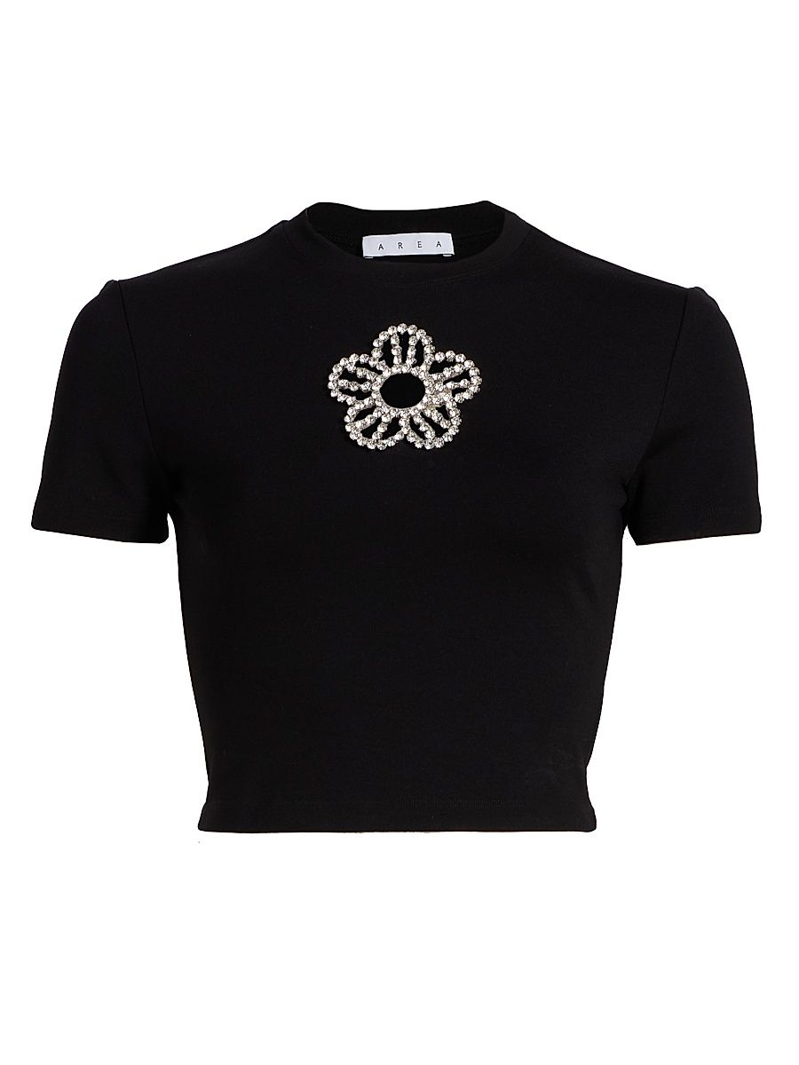 Women's Crystal-Embellished Flower Crop T-Shirt - Black - Size XS