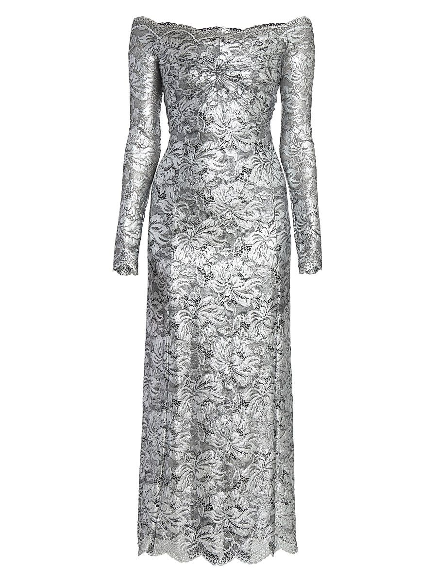 Women's Metallic Lace Off-Shoulder Maxi Dress - Black Silver - Size 4