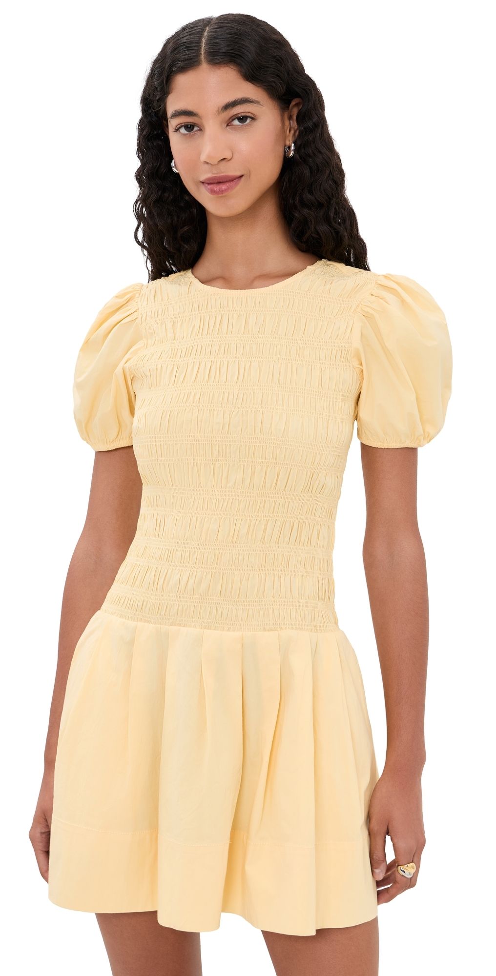 GANNI Cotton Mini Smocked Pleated Dress Italian Straw 44