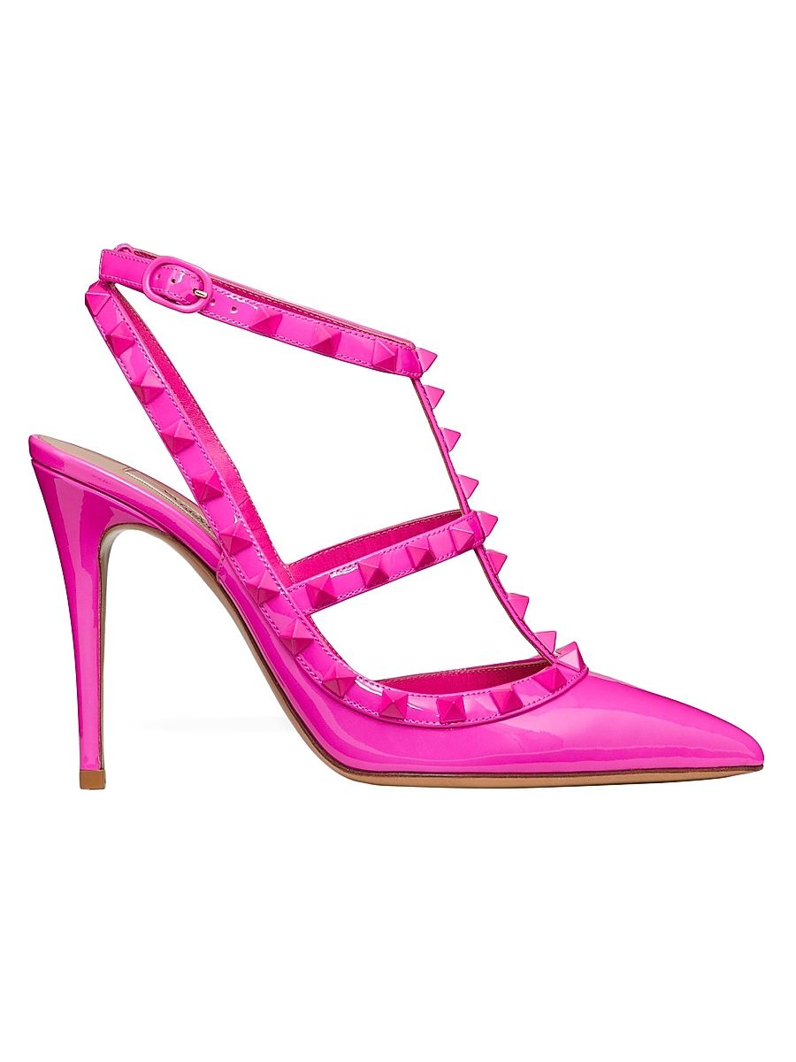 Women's Rockstud Ankle Strap Patent-Leather Pumps With Tonal Studs 100 MM - Pink - Size 11