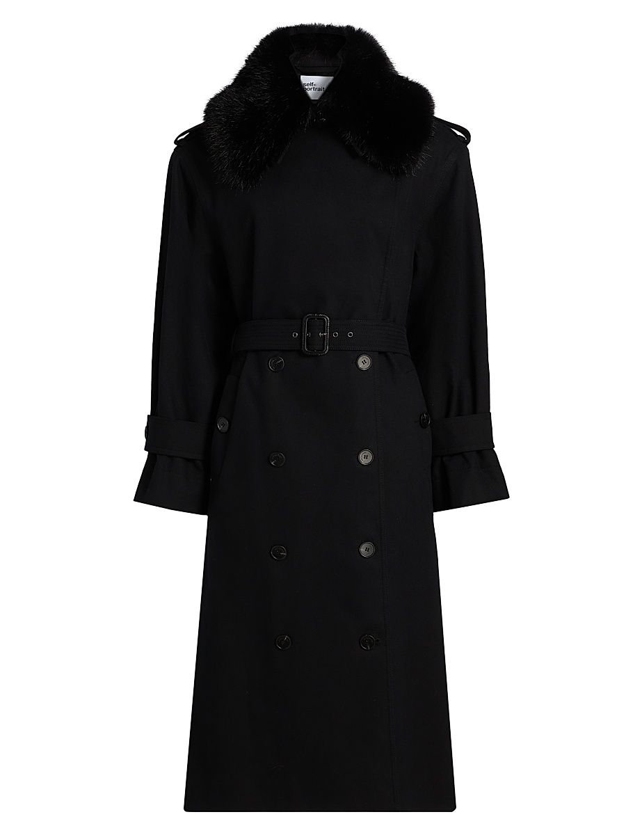 Women's Faux Fur Collar Twill Trench Coat - Black - Size Large