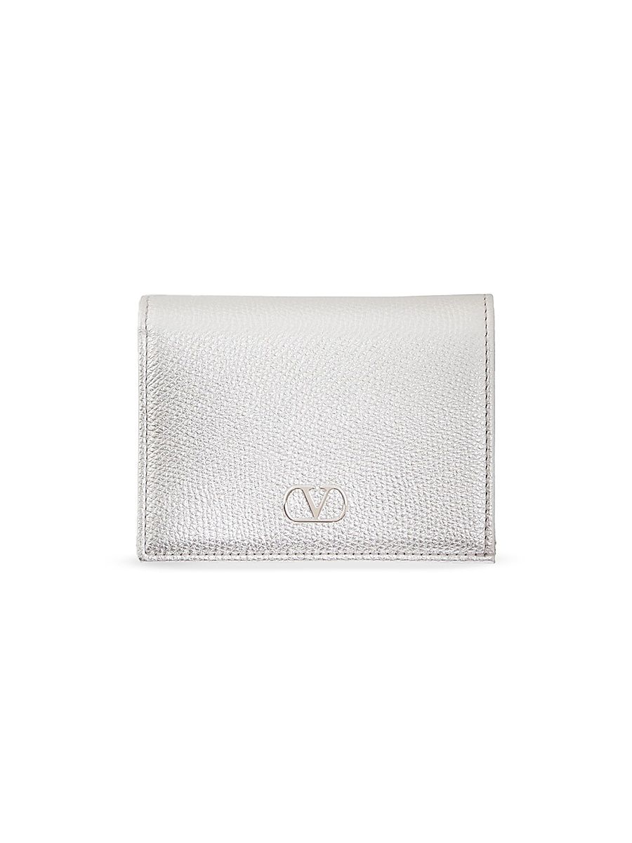 Women's VLogo Signature Laminated Grainy Calfskin Wallet - Silver