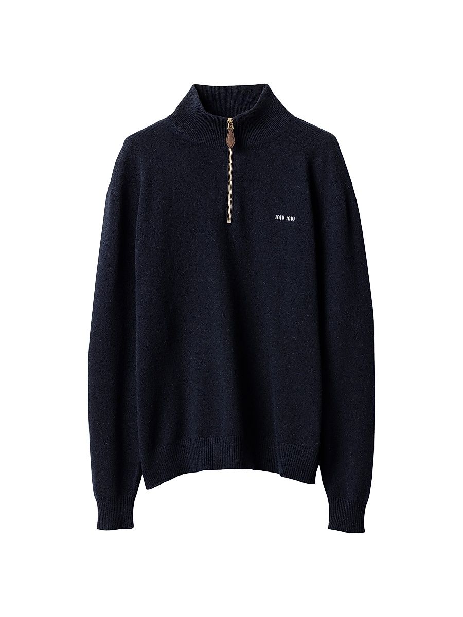 Women's Cashmere and Leather Zipper Sweater - Blue - Size 10