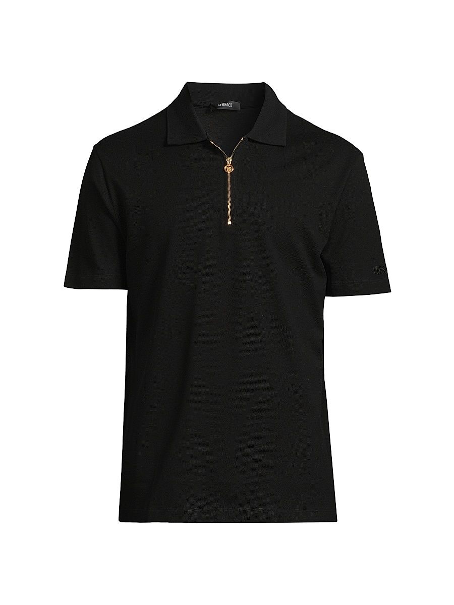 Men's Embroidered Quarter-Zip Polo Shirt - Black - Size XL