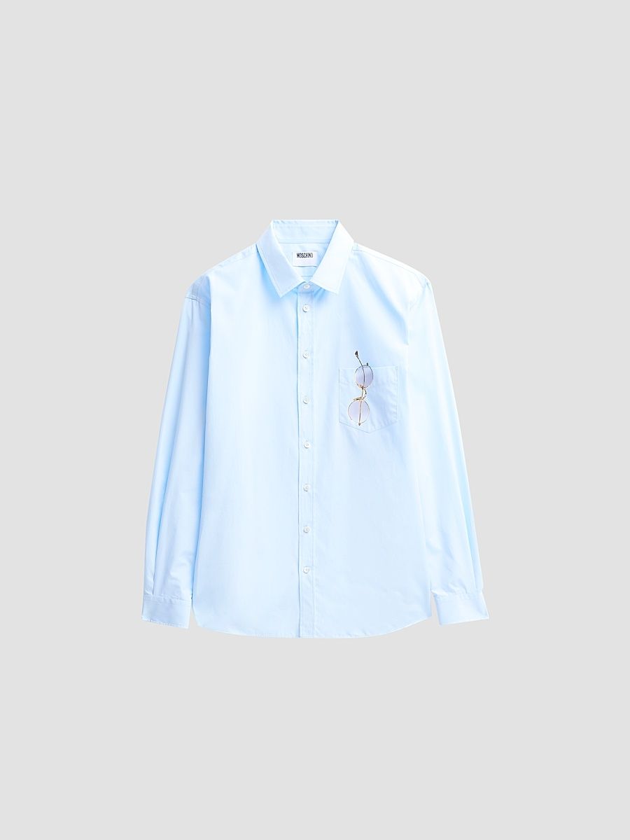 Men's Glasses-Print Cotton Shirt - Light Blue - Size XL