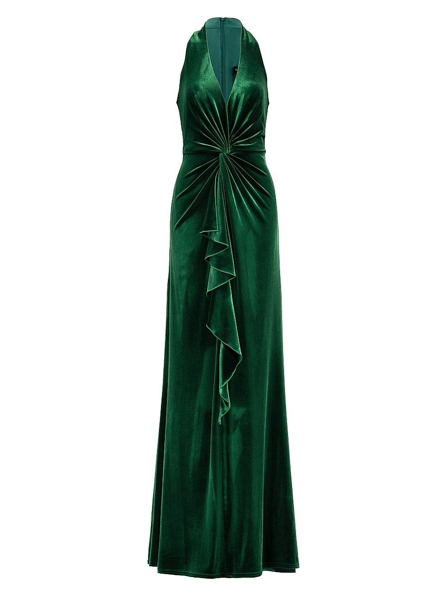 Women's Velvet Twist Halter Gown - Pine - Size XS