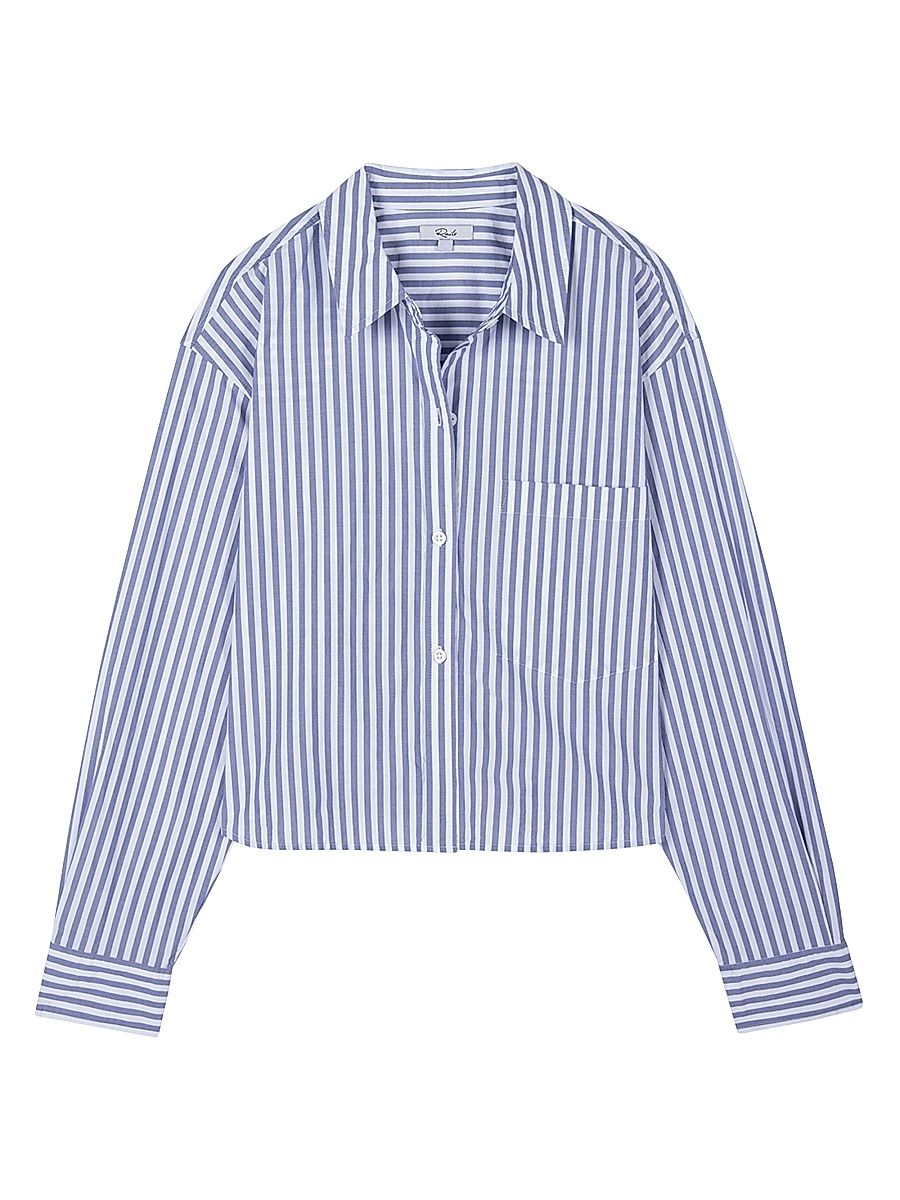 Women's Ramy Striped Crop Button-Front Shirt - Blue Stripe - Size XL