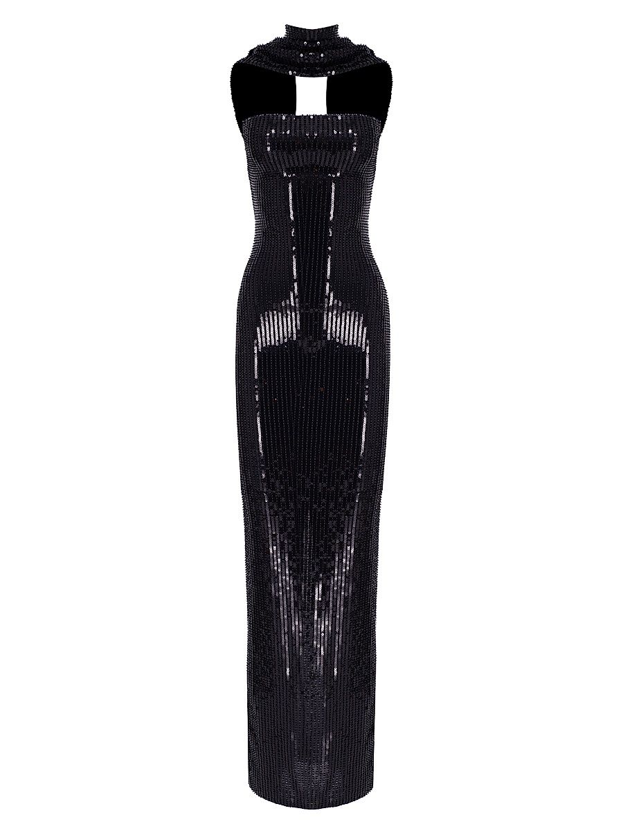 Women's Suri Sequined Scarf-Neck Gown - Film Noir - Size 8