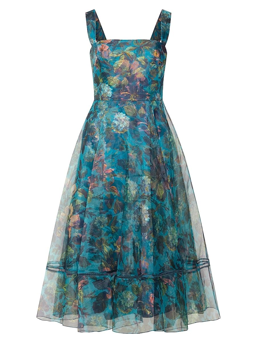 Women's Anissa Floral Organza Square-Neck Midi-Dress - Gilded Hydrangea - Size 16