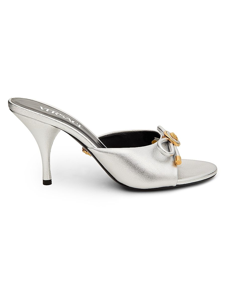 Women's 85MM Leather Mule Heels - Silver Versace Gold - Size 6