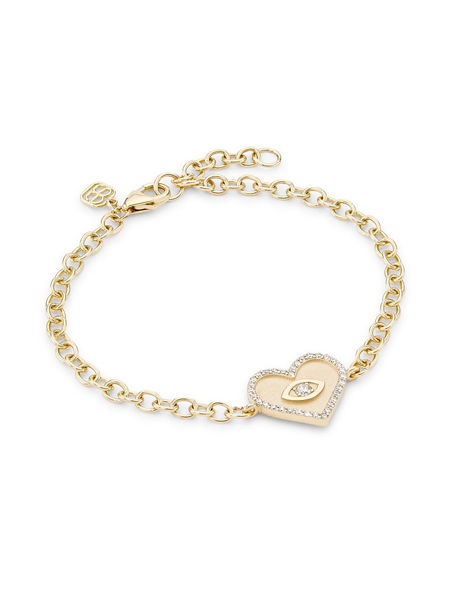 Women's 14K Yellow Gold & Diamond Medium Evil-Eye Heart Charm Bracelet