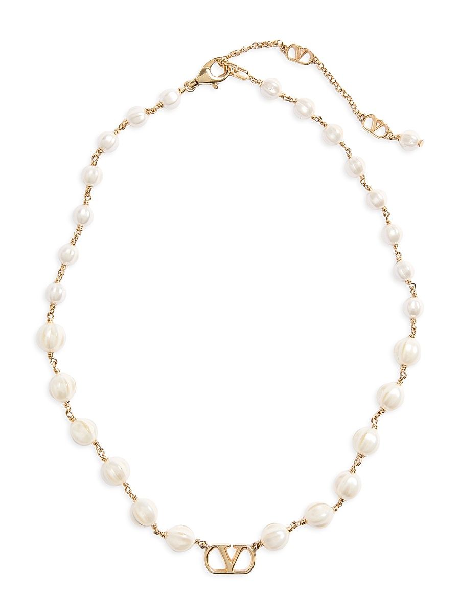 Women's VLogo Signature Necklace in Metal and Glass Beads - Gold Cream