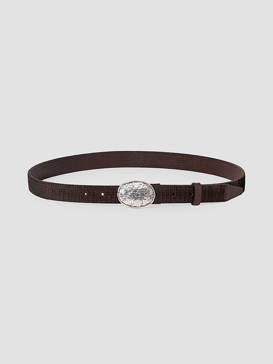 Men's Textured Calfskin Belt with Braided Metal Buckle - Rust Brown - Size 38