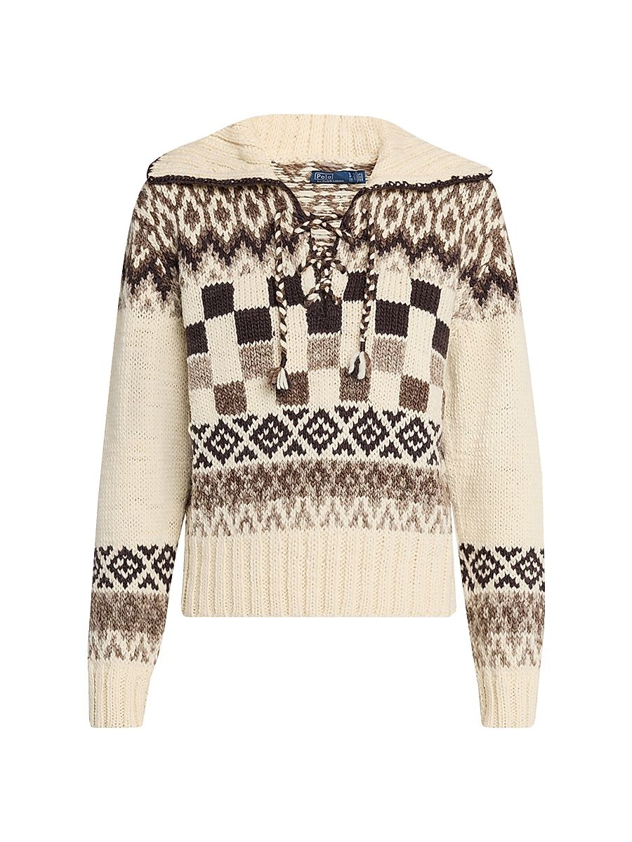 Women's Polo Ralph Lauren x Manos del Uruguay Wool Lace-Up Sweater - Black White - Size XL