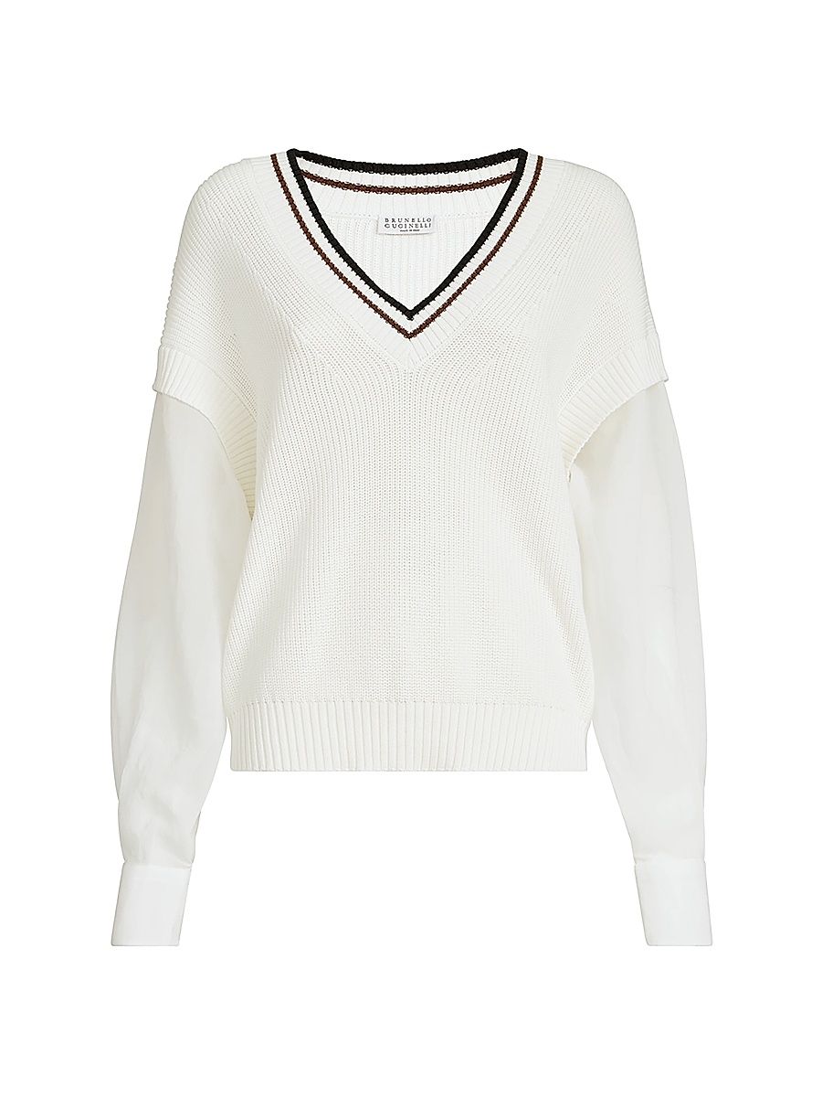 Women's Cotton English Rib Sweater with Organza Sleeves - White - Size XS