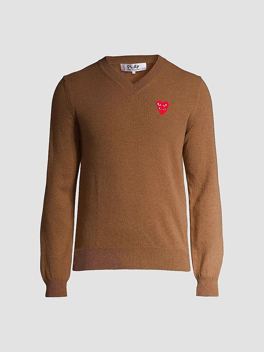 Men Play Double Heart V-Neck Pullover - Brown - Size Small
