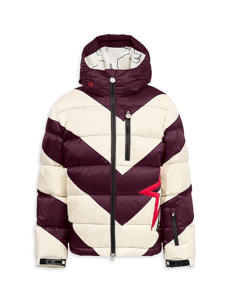 Little Kid's & Kid's Super Mojo Striped Puffer Jacket - Burgundy White - Size 14