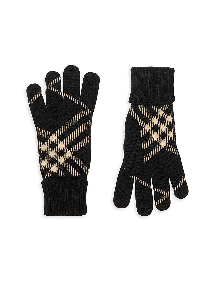 Men's Check Cashmere-Blend Gloves - Black Calico - Size Small