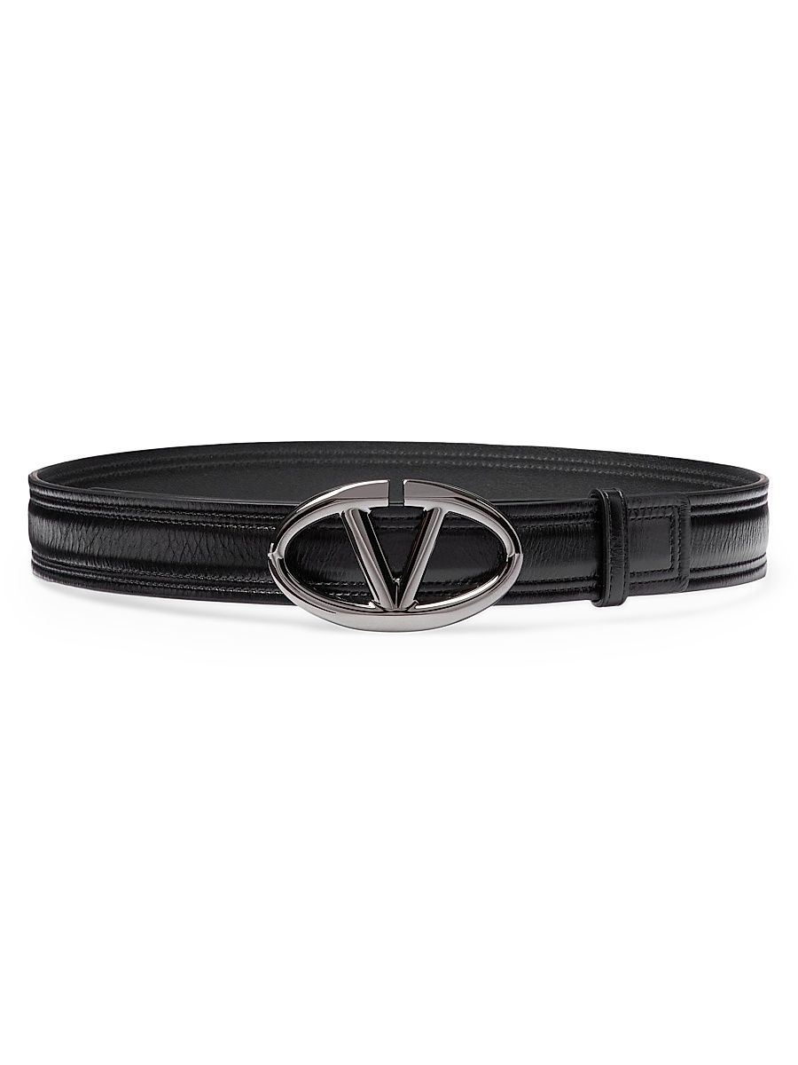 Women's The Bold Edition VLogo Shiny Calfskin Belt 30MM - Black - Size Small