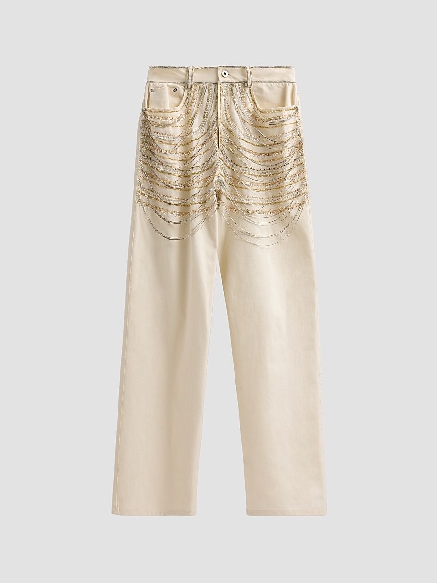 Women's Beaded Chains Straight-Leg Jeans - Cream - Size 8