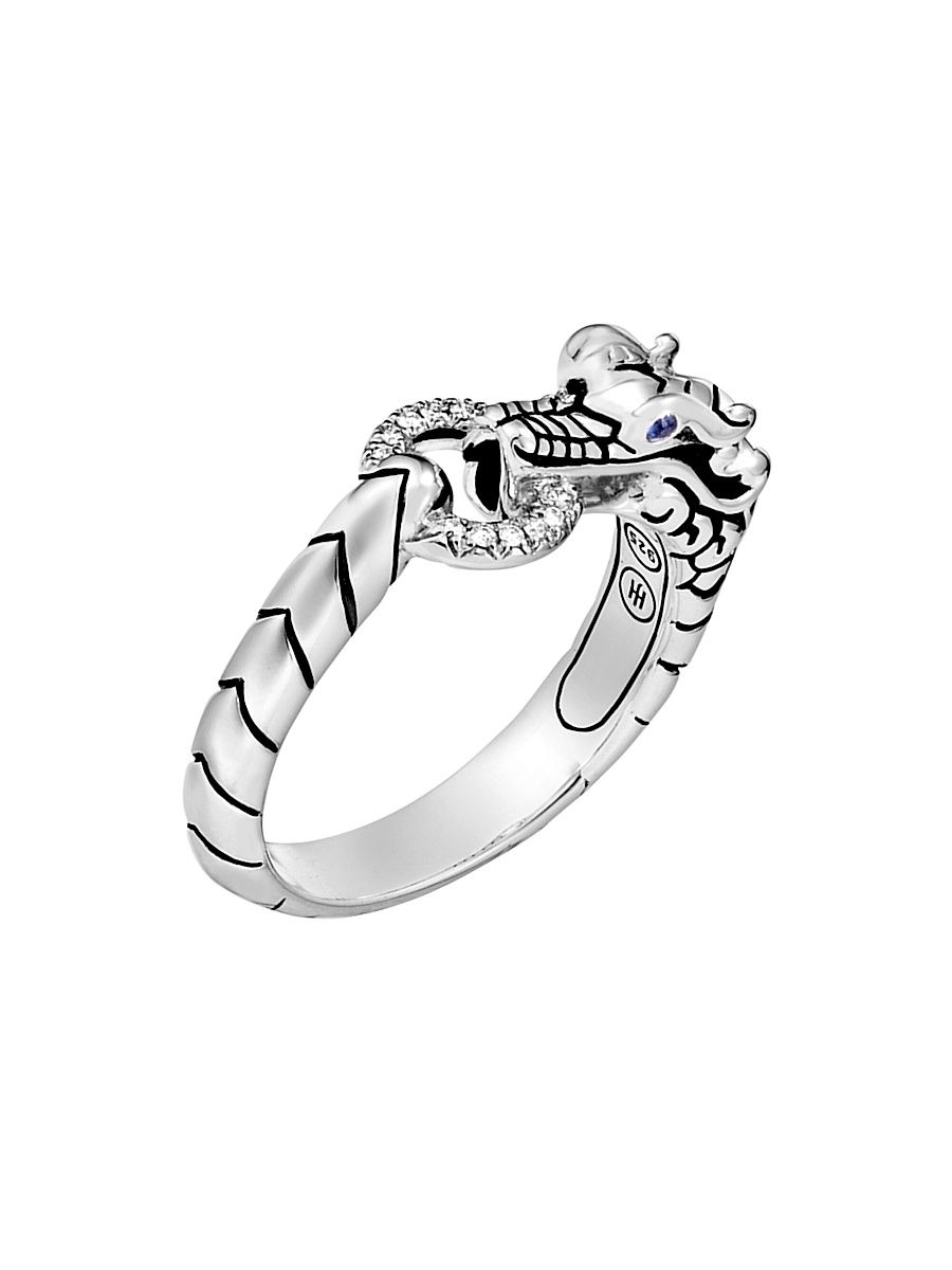 Women's Naga Dragon Sterling Silver, Diamond Pavé & Blue Sapphire Dragon Head Ring - Silver - Size 8