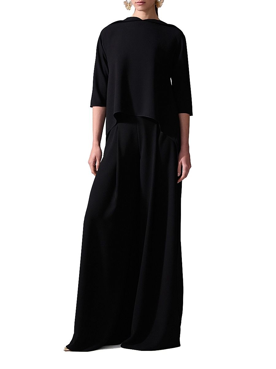 Women's Crepe Pleated Wide-Leg Pants - Black - Size 10