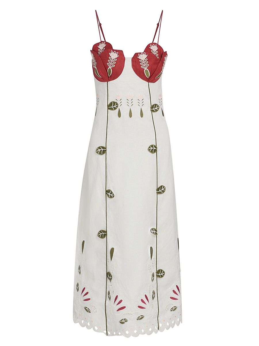 Women's Tulip Richilieur Embroidered Linen Midi-Dress - Off White - Size XL