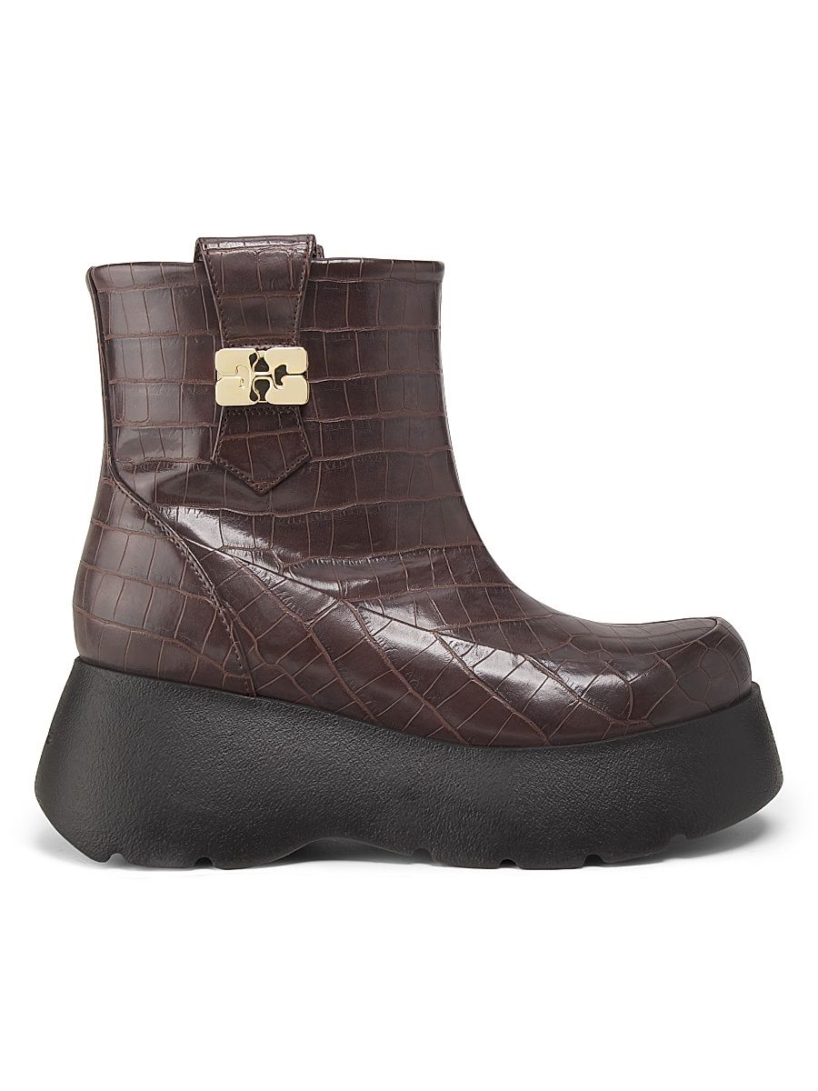 Women's Kat Crocodile-Embossed Leather Platform Ankle Boots - Chocolate Fondant - Size 11