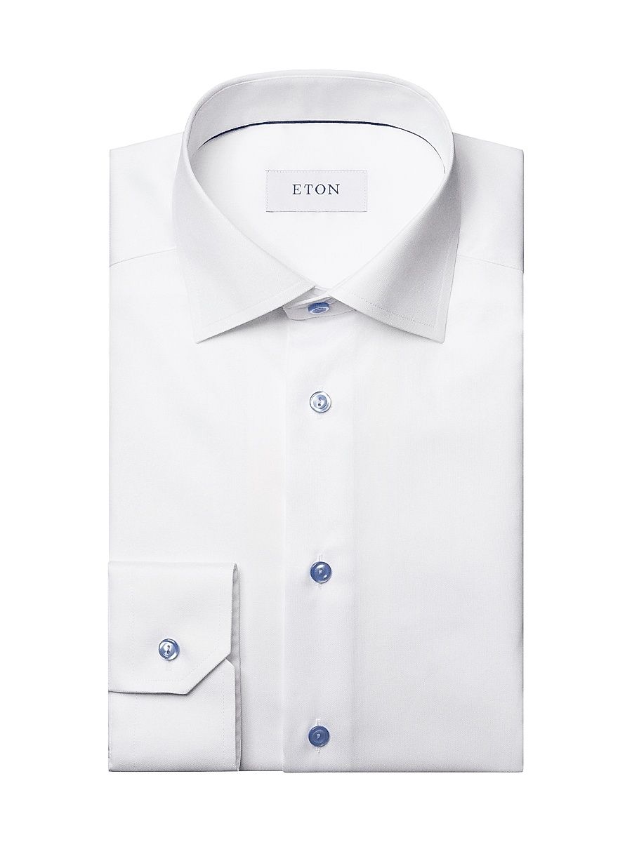 Men's Contemporary-Fit Twill Dress Shirt with Blue Details - White - Size 15.5